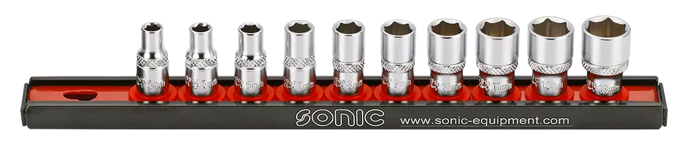 Flank socket set 1/4" 6-point on rail 10-pcs.