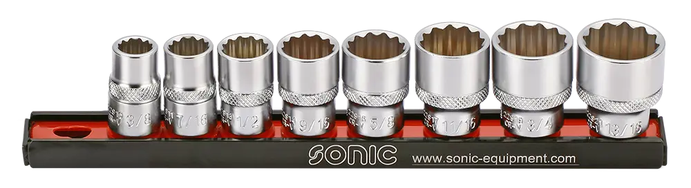 Flank socket set 3/8" on rail SAE 8-pcs.