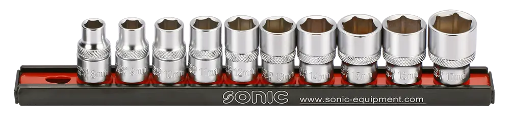 Flank socket set 3/8" on rail 10-pcs.