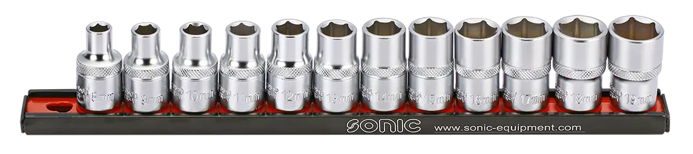 Socket set 1/2" 6-point on rail 12-pcs.